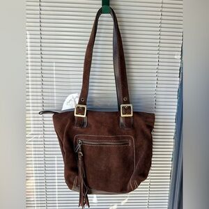 Brown Genuine Leather Suede Hobo Shoulder Bag Minimalist Gold Hardware Festival